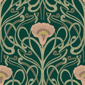 Art deco floral intricate design - liberty style geometric lines - green and pink - Big Size