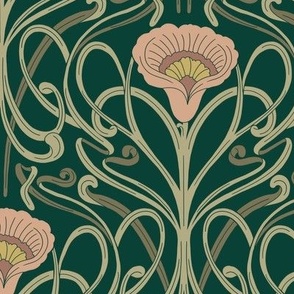 Art deco floral intricate design - liberty style geometric lines - green and pink - Small Size