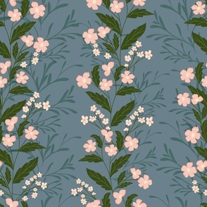 Trailing Blossom Whispers - mini blush pink florals  in stone blue