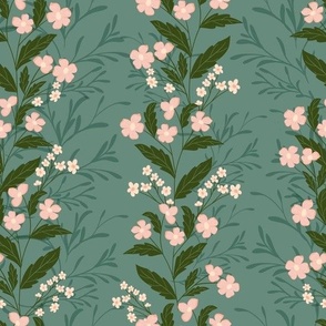 Trailing Blossom Whispers - mini blush pink florals in sage green