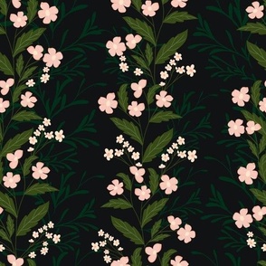 Trailing Blossom Whispers - mini blush pink florals In mid might black