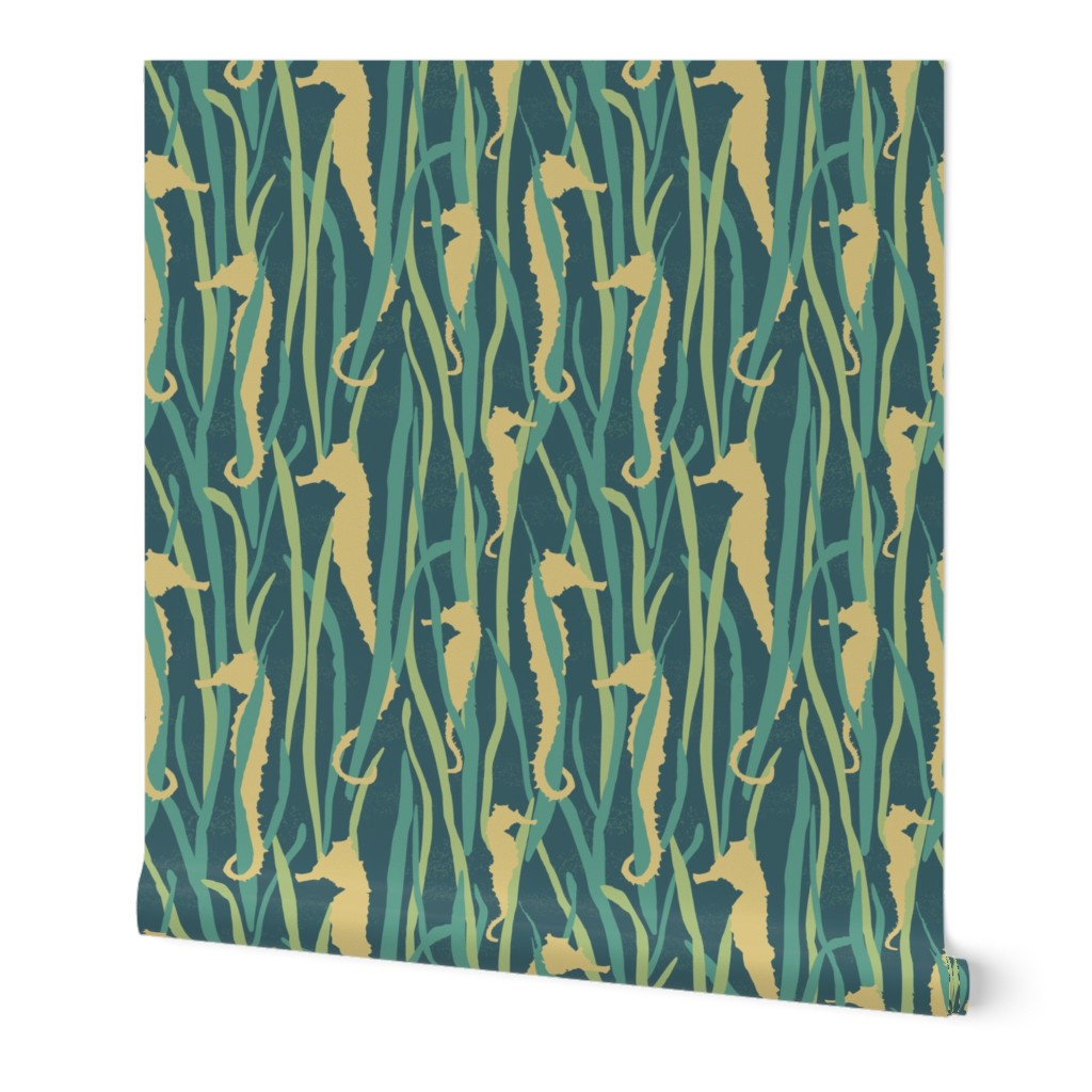 Magical Yellow Seahorses  in Green Seagrasses on Dark Green