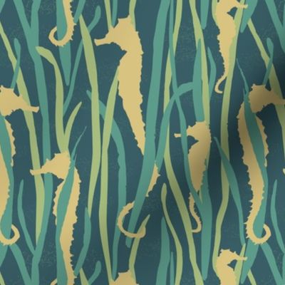 Magical Yellow Seahorses  in Green Seagrasses on Dark Green