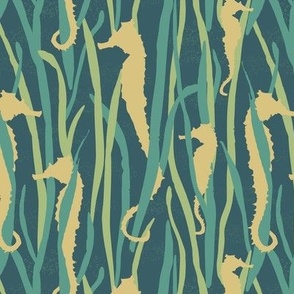 Magical Yellow Seahorses  in Green Seagrasses, on Dark Green