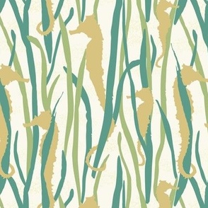 Magical Yellow Seahorses  in Green Seagrasses, on Cream