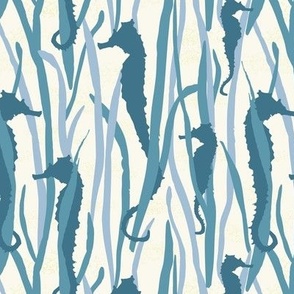 Magical Dark Teal Seahorses  in Blue Seagrasses, on Cream