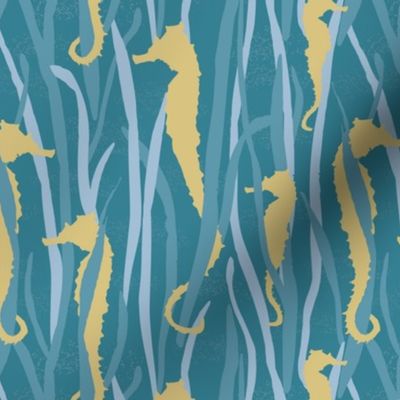 Magical Yellow Seahorses  in Blue Seagrasses, on Teal