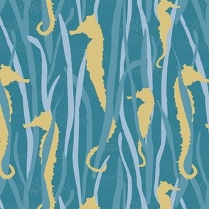 Magical Yellow Seahorses  in Blue Seagrasses, on Teal