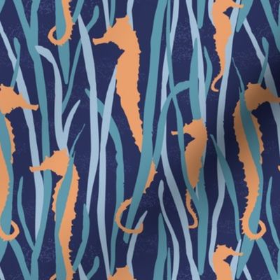 Magical Orange Seahorses  in Swaying Blue Seagrasses