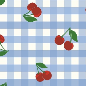 Large cherry gingham - red cherries on Cornflower blue and white gingham check - vicy check - checkerboard - cute vintage inspired summer picnic Buffalo check - Country checks - Gingang Genggang Jangjang - Shepherds check