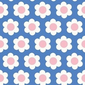 Extra small 60s Flower Power Daisy - light pink and white on Azure cyan blue - retro floral - retro flowers - simple retro flower wallpaper - baby girl - girl nursery - blue nursery
