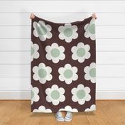 Jumbo 60s Flower Power Daisy - Dewkist mint green and white on Monkey Island Medium Dark Brown - retro floral - retro flowers - simple retro flower wallpaper - kitchy kitchen - retro kids