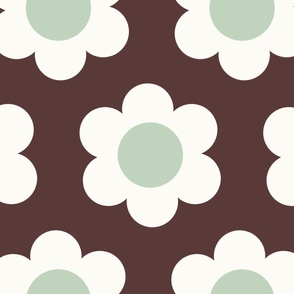 Jumbo 60s Flower Power Daisy - Dewkist mint green and white on Monkey Island Medium Dark Brown - retro floral - retro flowers - simple retro flower wallpaper - kitchy kitchen - retro kids