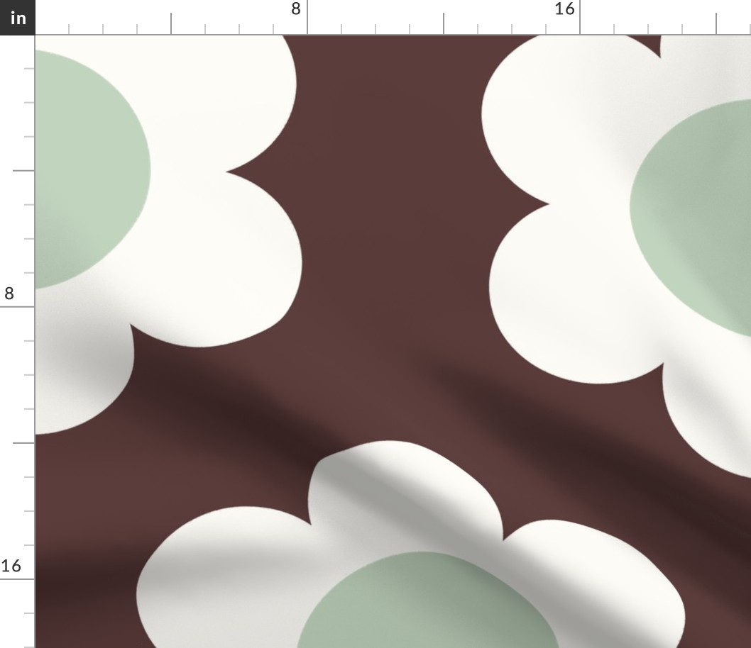 Jumbo 60s Flower Power Daisy - Dewkist mint green and white on Monkey Island Medium Dark Brown - retro floral - retro flowers - simple retro flower wallpaper - kitchy kitchen - retro kids