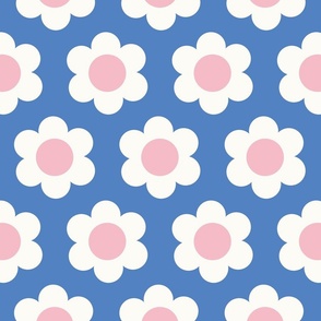 Medium 60s Flower Power Daisy - light pink and white on Azure cyan blue - retro floral - retro flowers - simple retro flower wallpaper - baby girl - girl nursery - blue nursery