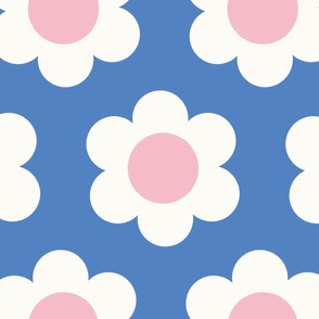 Jumbo 60s Flower Power Daisy - light pink and white on Azure cyan blue - retro floral - retro flowers - simple retro flower wallpaper - baby girl - girl nursery - blue nursery