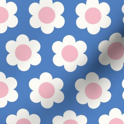 Small 60s Flower Power Daisy - light pink and white on Azure cyan blue - retro floral - retro flowers - simple retro flower wallpaper - baby girl - girl nursery - blue nursery