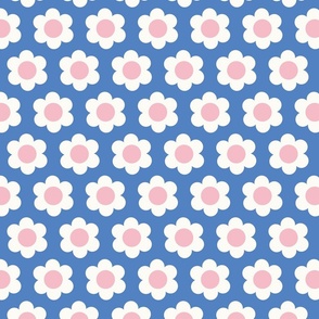 Small 60s Flower Power Daisy - light pink and white on Azure cyan blue - retro floral - retro flowers - simple retro flower wallpaper - baby girl - girl nursery - blue nursery
