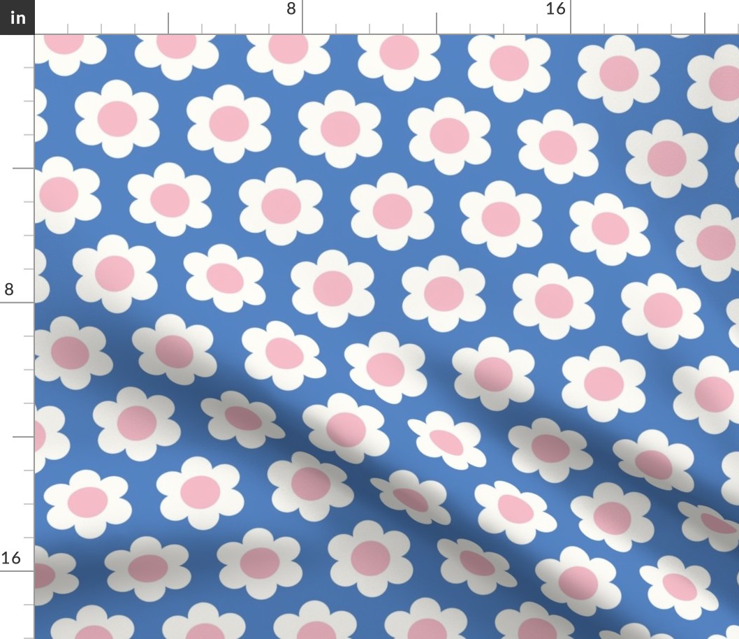 Small 60s Flower Power Daisy - light pink and white on Azure cyan blue - retro floral - retro flowers - simple retro flower wallpaper - baby girl - girl nursery - blue nursery