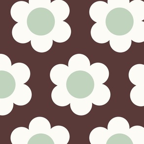 Large 60s Flower Power Daisy - Dewkist mint green and white on Monkey Island Medium Dark Brown - retro floral - retro flowers - simple retro flower wallpaper - kitchy kitchen - retro kids