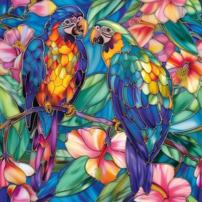 Stained Glass Watercolor Tropical Parrots