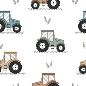 Tractor fabric- neutral tones fabric, farm fabric, kids fabric-White background, Small scale