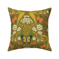 (M) Vintage Butterfly Garden - hand drawn Arts and Crafts style butterflies and flowers - Olive and Orange