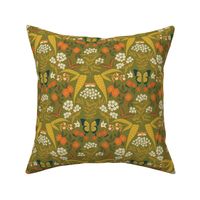 (S) Vintage Butterfly Garden - hand drawn Arts and Crafts style butterflies and flowers - Olive and Orange