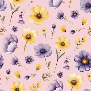 Yellow and Purple Flowers on Pink Background