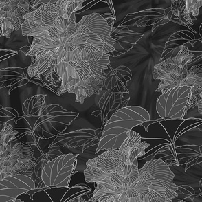 Illustrated Floral - The Stunning Hibiscus - Dark Tones - B & W Mono