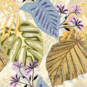 Bright tropical pattern with leaves and lilac flowers on a beige background.