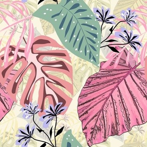 Bright tropical pattern with pink leaves and lilac flowers on a beige background. 