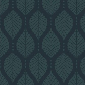 Art Deco Beech Leaves with Dots Pattern - Gunmetal Grey and Dark Green - Large Scale - Moody Botanical for Dark Academia Aesthetic