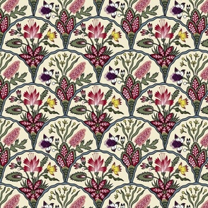 French Floral Flowers in a Scallop Design on Cream Small Scale