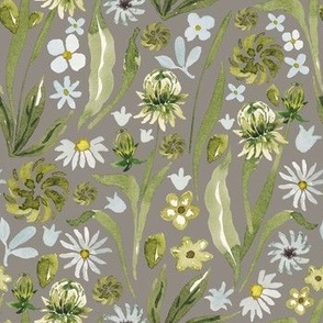 Hand-Drawn Watercolor Peaceful Meadow, Gentle White, Grey and Green Florals on Dark Taupe, M