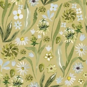 Hand-Drawn Watercolor Peaceful Meadow, Gentle White, Grey and Green Florals on Pastel Olive, M