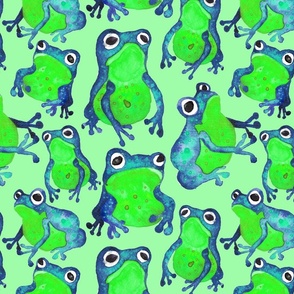 Neon Green and Blue Watercolor Frogs on Green 