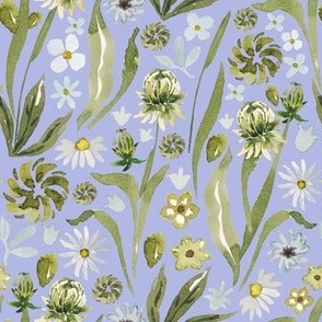 Hand-Drawn Watercolor Peaceful Meadow, Gentle White, Grey and Green Florals on Bright Lavender, L