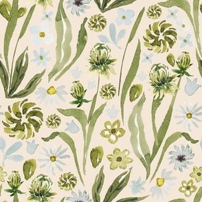 Hand-Drawn Watercolor Peaceful Meadow, Gentle White, Grey and Green Florals on Beige, M