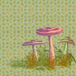 Mushroom Cascade, hero, sgraffito Mosaic background, moss and gold