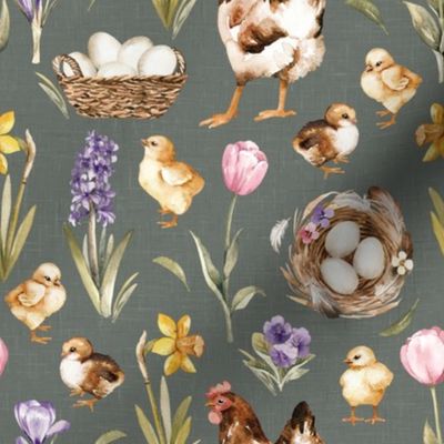 Small Scale / Easter Chick Hen Egg Spring Flower / Sage Linen Textured Background