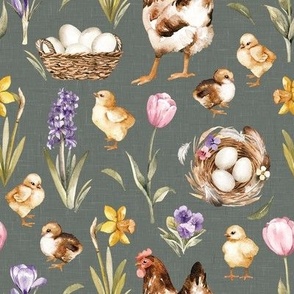 Small Scale / Easter Chick Hen Egg Spring Flower / Sage Linen Textured Background