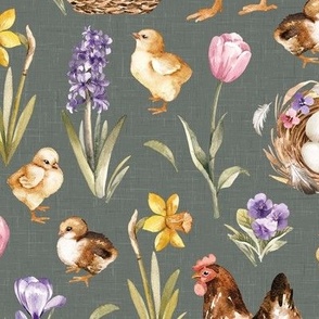 Meduim Scale / Easter Chick Hen Egg Spring Flower / Sage Linen Textured Background