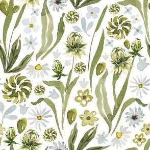 Hand-Drawn Watercolor Peaceful Meadow, Gentle White, Grey and Green Florals on White, L