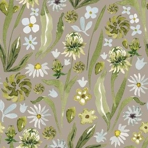 Hand-Drawn Watercolor Peaceful Meadow, Gentle White, Grey and Green Florals on Taupe, M