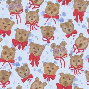 Big Baby Bears with Red Bow Ties,  light blue background