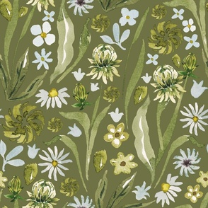 Hand-Drawn Watercolor Peaceful Meadow, Gentle White, Grey and Green Florals on Mustard Green, M