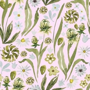 Hand-Drawn Watercolor Peaceful Meadow, Gentle White, Grey and Green Florals on Light Pink, L