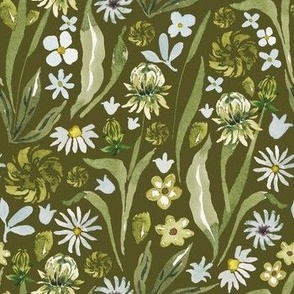 Hand-Drawn Watercolor Peaceful Meadow, Gentle White, Grey and Green Florals on Dark Olive Green, M