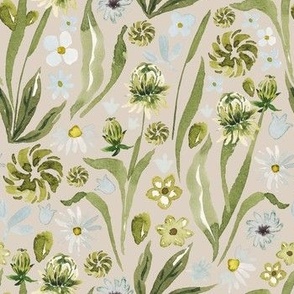 Hand-Drawn Watercolor Peaceful Meadow, Gentle White, Grey and Green Florals on Pale Blush, M